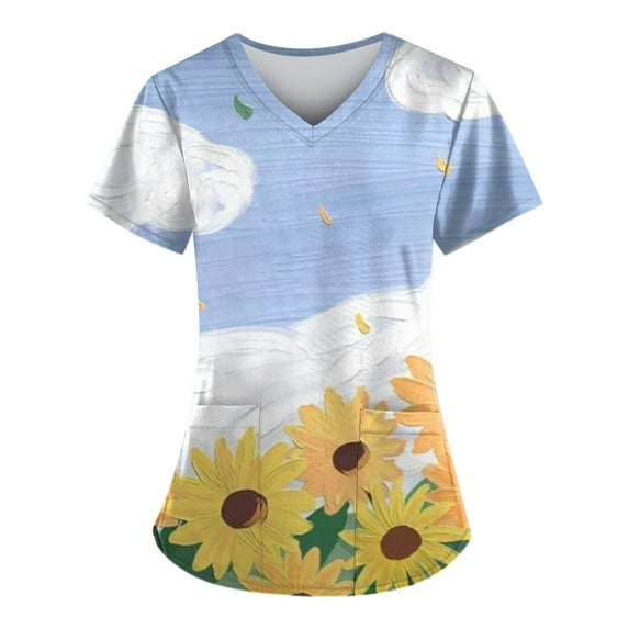 IYYVV Scrub Top for Women, Plus Size V-Neck Scrubs, Relaxed Fitted Soft Women's Scrub Tops Sunflower Print Nursing Uniform with Pockets Sky Blue 3XL
