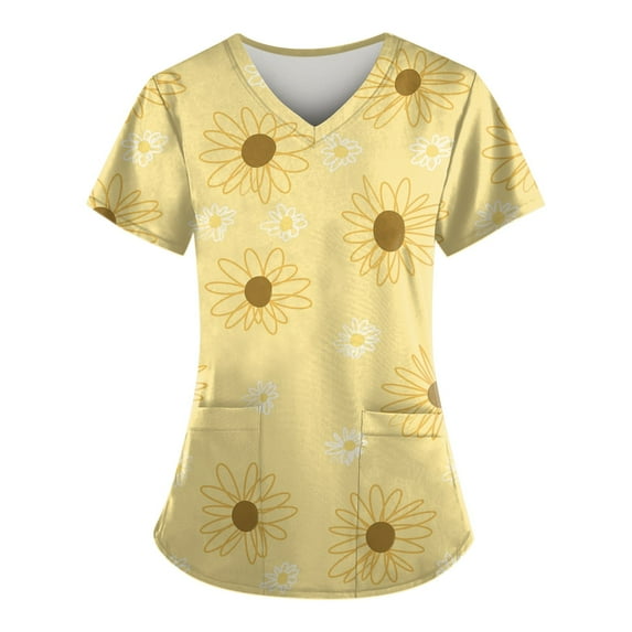 IYYVV Scrub Top for Women, Plus Size V-Neck Scrubs, Relaxed Fitted Soft Women's Scrub Tops Sunflower Print Nursing Uniform with Pockets Yellow XL