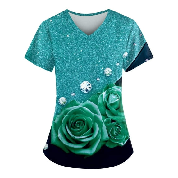 IYYVV Scrub Top for Women,Plus Size V Neck Summer Nurse Uniforms Comfort Stretch Womens Working Uniform Scrubs Nurse Tops with 2 Pockets Cyan 2XL