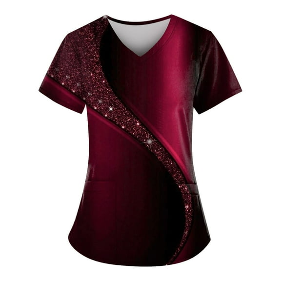 IYYVV Scrub Top for Women,Plus Size V Neck Summer Nurse Uniforms Comfort Stretch Womens Working Uniform Scrubs Nurse Tops with 2 Pockets Deep Red L