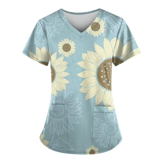 IYYVV Scrub Top for Women, V-Neck Sunflower Print Nurse Working Uniform Stretch Soft Women's Scrubs Tops with Pockets Light Blue 5XL