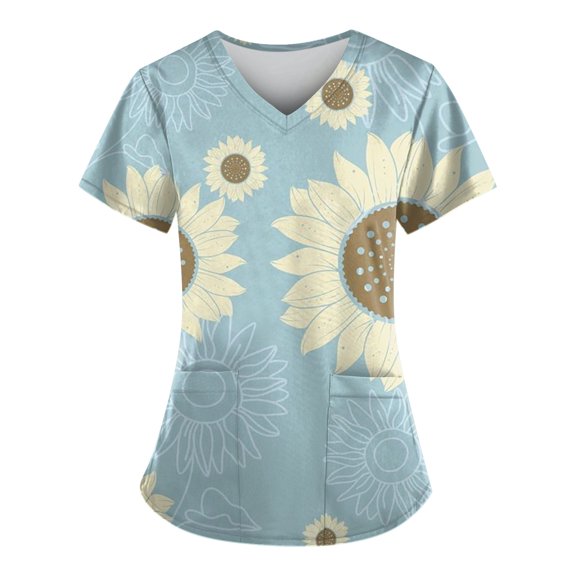 IYYVV Scrub Top for Women, V-Neck Sunflower Print Nurse Working Uniform Stretch Soft Women's Scrubs Tops with Pockets Light Blue L