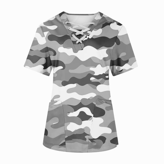 IYYVV Scrub Tops for Women Clearance Sale Cool Breathable Fabric Nurse Working Uniform Cross V Neck Graphic Camo Print Nursing Short Sleeve Tee Tops Workwear with Pockets Gray 4XL