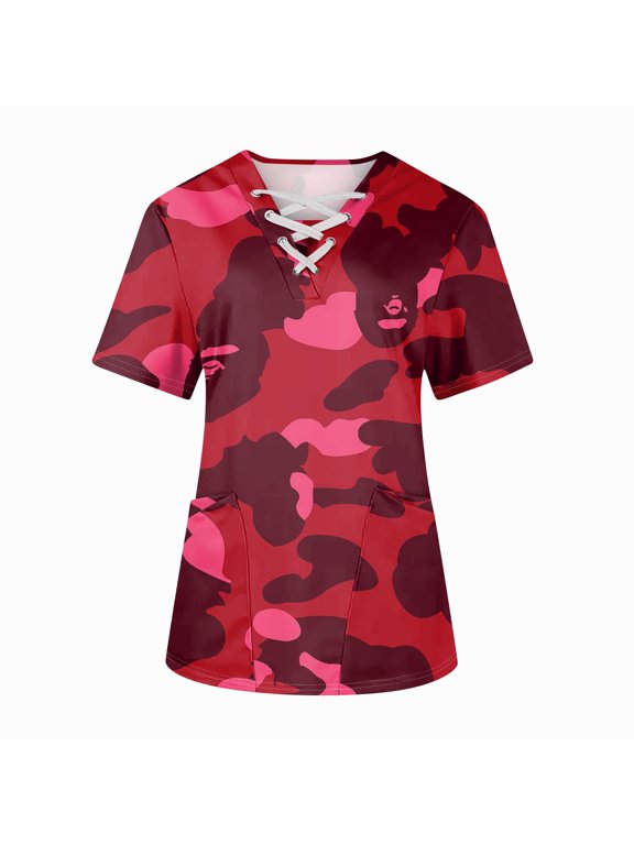 Scrub Tops for Women Clearance Sale Cool Breathable Fabric Nurse Working Uniform Cross V Neck Graphic Camo Print Nursing Short Sleeve Tee Tops Workwear with Pockets Hot Pink M