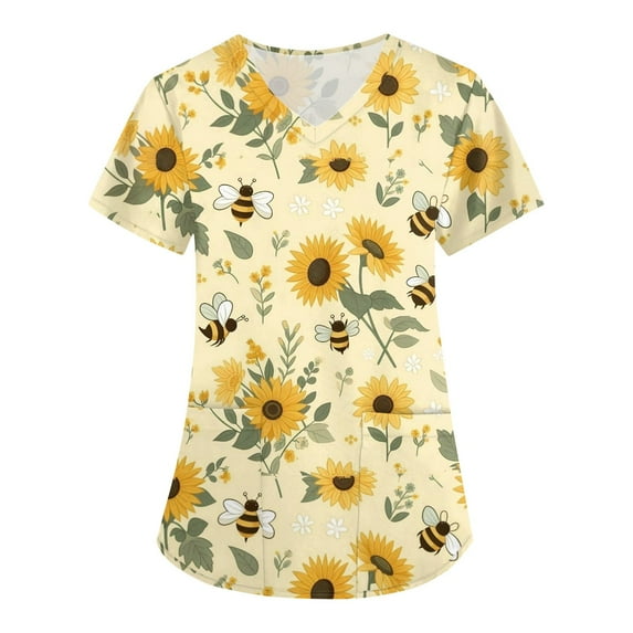 IYYVV Scrub Tops Women Cute Cartoon Pattern Graphic Scrub Tops Plus Size V-Neck Stretch Soft Cartoon Nurse Uniform Shirts with Pockets Dark Blue 3XL