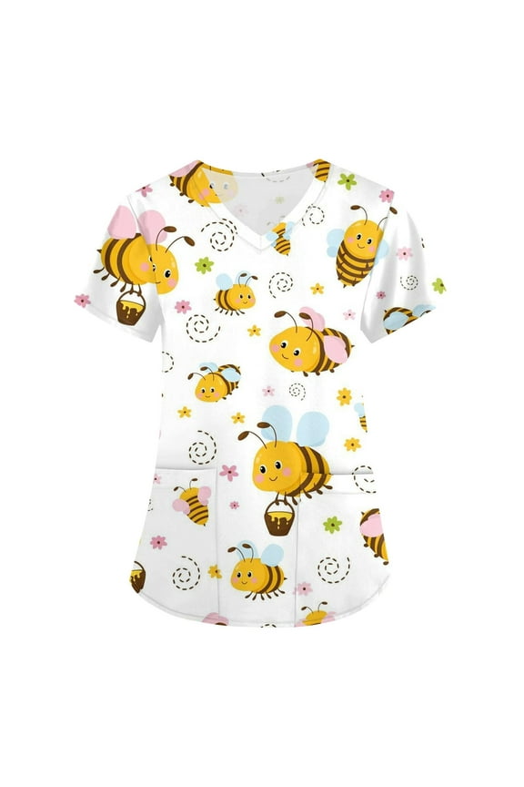 Scrub Tops Women Cute Cartoon Graphic Scrub Tops Plus Size V Neck Stretch Soft Cartoon Nurse Uniform T-Shirts with Pockets Cyan 3XL