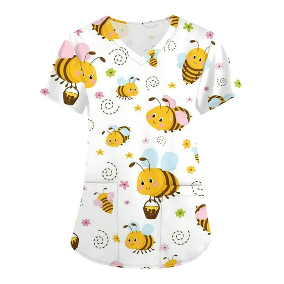 IYYVV Scrub Tops Women Cute 图案 Graphic Scrub Tops Plus Size V-Neck Stretch Soft Cartoon Nurse Uniform Tshirts Shirts with Pockets Cyan 4XL
