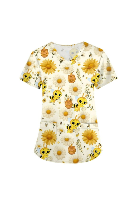 Scrub Tops Women Cute Cartoon Print Graphic Scrub Tops Plus Size V Neck Stretch Soft Cartoon Nurse Uniform Tshirts Shirts with Pockets Gold 4XL
