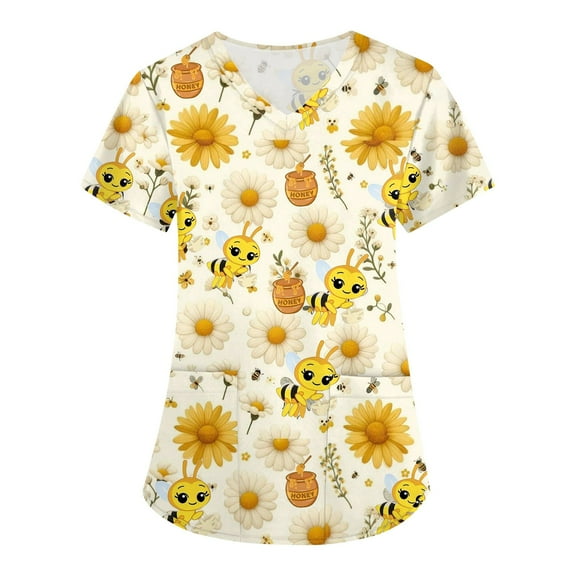 IYYVV Scrub Tops Women Cute Cute Print Graphic Scrub Tops Plus Size Vneck Stretch Soft Cartoon Nurse Uniform T-Shirts with Pockets Gold S