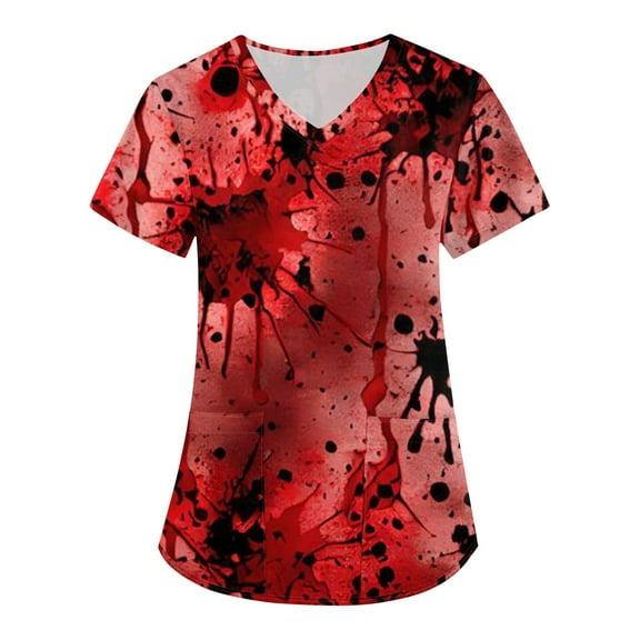 IYYVV Scrub Tops Women Print Fun Halloween Printed Working Uniform Shirts for Women Plus Size V Neck Short Sleeve Scrubs for Women with Pockets Red 4XL
