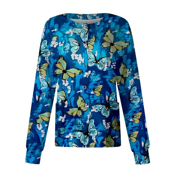 IYYVV Scrub Tops Women Snap Front Crew Neck Long Sleeve Scrubs Jackets Stretch Medical Uniforms Nurse Workwear Scrub Jacket with Pockets Blue 5XL