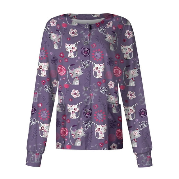 IYYVV Scrub Tops Women Snap Front Crew Neck Long Sleeve Scrubs Jackets Stretch Medical Uniforms Nurse Workwear Scrub Jacket with Pockets Purple S