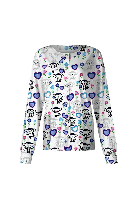 Scrub Tops Women Snap Front Long Sleeve Cardigan Jackets Stretch Nursing Scrubs for Women Cute Animal Heart Print Pocketed Working Uniform White M