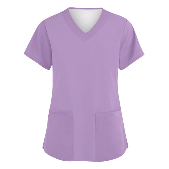 IYYVV Scrub Tops Women Stretchy Womens Scrub Tops Solid Basic Nurse Working Uniform V Neck Short Sleeve Scrubs Blouse with Pockets Purple M