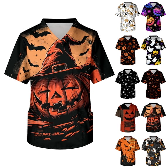 IYYVV Scrubs For Men Halloween Scrub Top Fun Bat Print Nurse Shirt Funny Short Sleeve Vneck Workwear Uniforms With Pockets Dark Gray 3XL