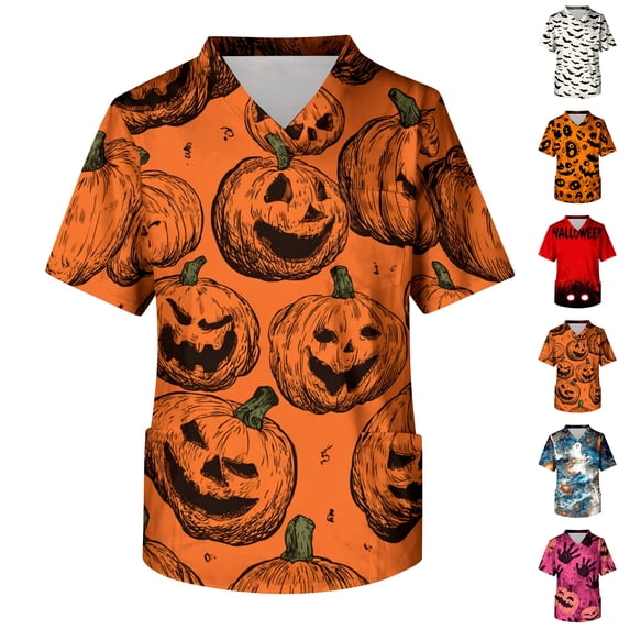 IYYVV Scrubs For Men Halloween Scrub Top Ghost Bat Print Nurse Shirt Funny V-Neck Short Sleeve Workwear Uniforms With Pockets Holiday Yellow M