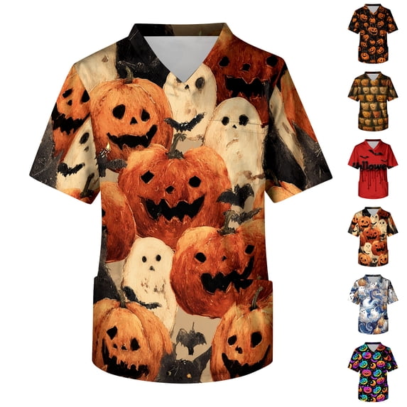 IYYVV Scrubs For Men Halloween Scrub Top Pumpkin Bat Fun Pattern Nurse Shirt Funny V Neck Short Sleeve Nurse Uniform With Pockets Holiday Yellow S
