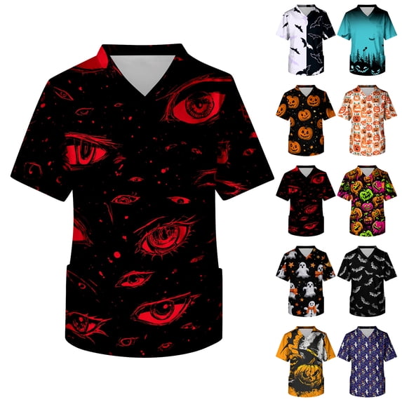 IYYVV Scrubs For Men Halloween Scrub Top Pumpkin Bat Print Nurse Shirt Funny V-Neck Short Sleeve Nurse Uniform With Pockets Holiday Dark Gray L