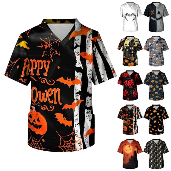 IYYVV Scrubs For Men Halloween Scrub Top Skeleton Fun Pattern Nurse Shirt Funny V Neck Short Sleeve Nurse Uniform With Both Side Pocket Dark Gray S