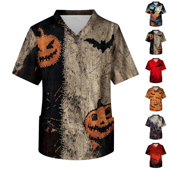 IYYVV Scrubs For Men Halloween Scrub Tops Cute Skeleton Print Nurse Shirt Plus Size V Neck Short Sleeve Nurse Uniform With Both Side Pocket Yellow M