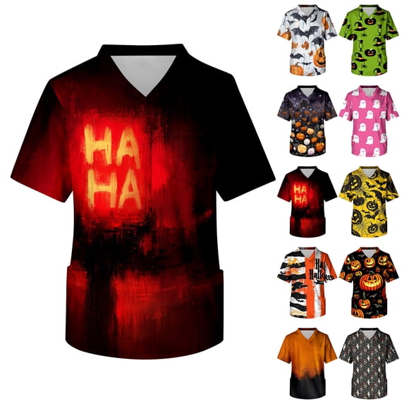 IYYVV Scrubs For Men Halloween Scrub Tops Fun Pumpkin Bat Print Nurse Shirt Funny Short Sleeve Vneck Nurse Uniform With Pockets Holiday Red 2XL