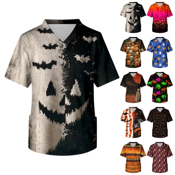 IYYVV Scrubs For Men Halloween Scrub Tops Fun Pumpkin Print Nurse Shirt Funny V-Neck Short Sleeve Workwear Uniforms With Pockets Holiday Orange S