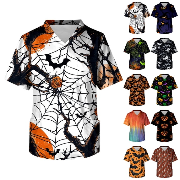 IYYVV Scrubs For Men Halloween Scrub Tops Pumpkin Bat Cute Pattern Nurse Shirt Funny Short Sleeve Vneck Nurse Uniform With Pockets Black 5XL