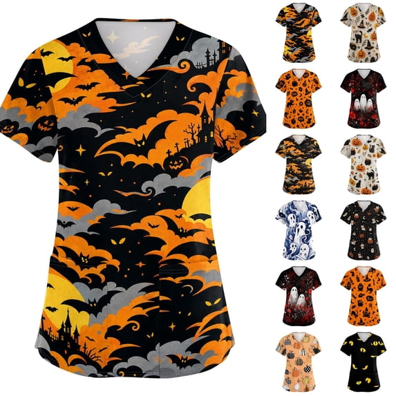 IYYVV Scrubs For Women Halloween Scrub Tops Cute Fun Pattern Nurse Shirt Funny Short Sleeve Vneck Workwear Uniforms With Pockets Holiday Vermilion L