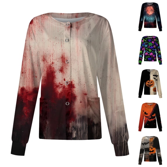 IYYVV Scrubs For Women Halloween Scrub Tops Pumpkin Bat Cute Scrubs Pattern Long Sleeve Crew Neck Scrubs Tops Fun Working Nurse Uniforms Multicolor S