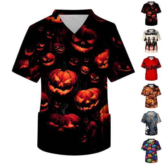 IYYVV Scrubs For Men Halloween Scrub Top Pumpkin Spiders Bat Ghost Print Nurse Shirt Plus Size V-Neck Short Sleeve Workwear Uniforms With Pockets Red 3XL
