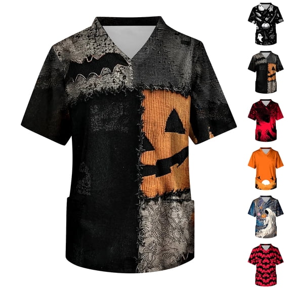 IYYVV Scrubs For Men Halloween Scrub Tops Pumpkin Bat Pumpkin Spiders Print Nurse Shirt Plus Size V Neck Short Sleeve Workwear Uniforms With Both Side Pocket Blue 2XL