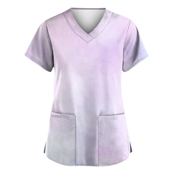 IYYVV Scrubs Tops for Women Stretch Comfort Working Nurse Uniforms V Neck Graphic Floral Print Short Sleeve Nurse Shirt Tops Workwear with Pockets Clear L