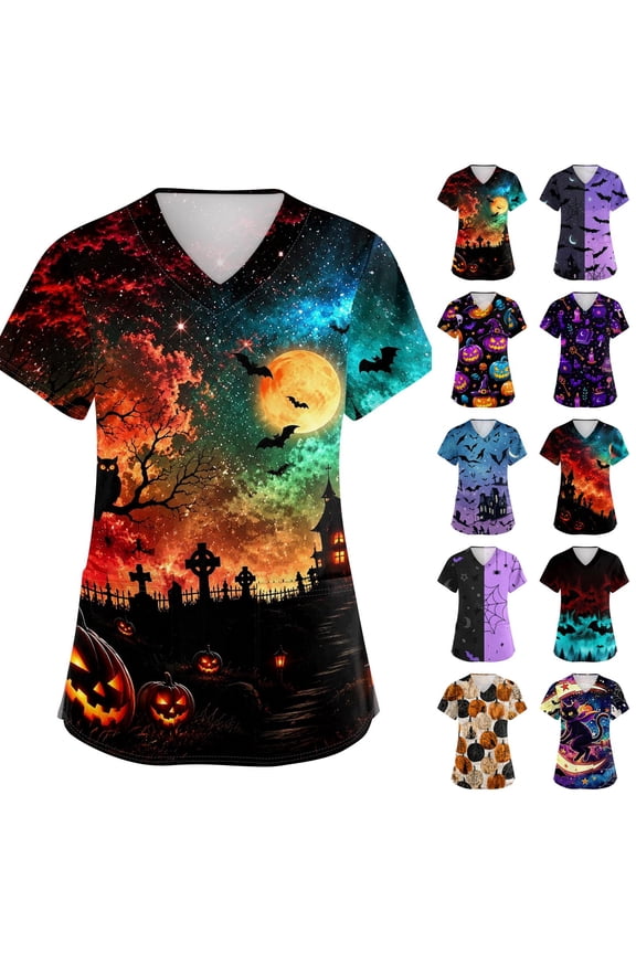 Scrubs For Women Halloween Scrub Tops Pumpkin Spiders Pumpkin Pattern Nurse Shirt Funny V Neck Short Sleeve Workwear Uniforms With Pockets Holiday Beige L