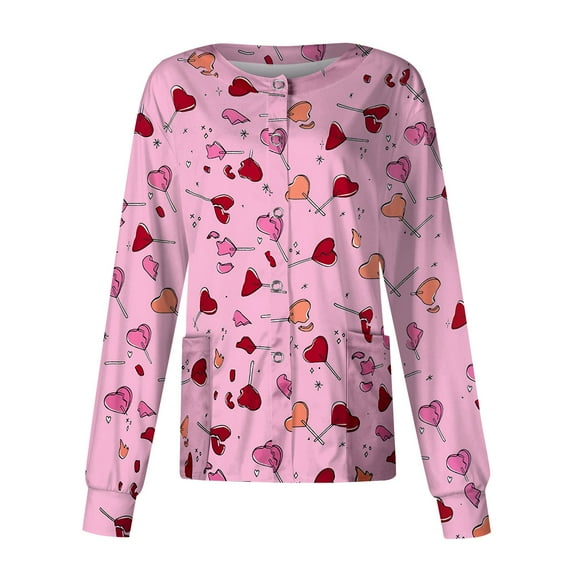 IYYVV Scrubs for Women Scrub Jacket Snap Front Casual Long Sleeve Scrubs Cardigan Top Stretch Medical Uniforms Nurse Workwear with Pockets Light pink M