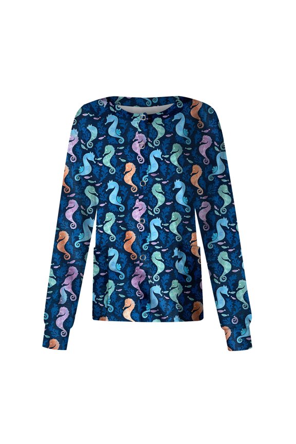 Scrubs for Women Scrub Jacket Snap Front Casual Long Sleeve Scrubs Cardigan Top Stretch Medical Uniforms Nurse Workwear with Pockets Royal Blue M