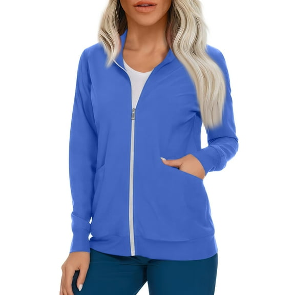 IYYVV Scrubs for Women Solid Color Full Zip Up Scrub Jackets Plus Size Stretch Long Sleeve Cardigan Nursing Tops Healthcare Workwear Working Uniform Royal Blue 2XL
