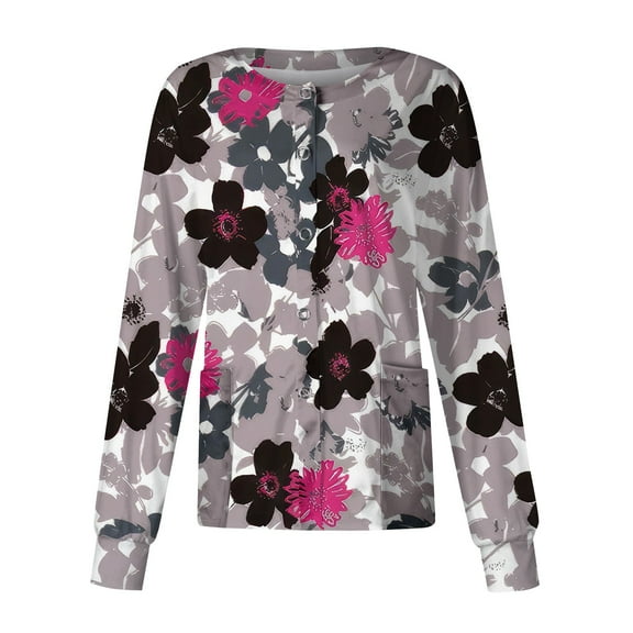 IYYVV Scrubs for Women Tops Casual Crewneck Long Sleeve Scrub Jackets Stretchy Snap Front Cardigan Top Cute Floral Print Nursing Pocketed Working Uniform Gray 4XL