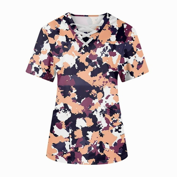IYYVV Scrubs for Women Tops Medical Workwear Cross V Neck Graphic Camo Print Nurse Working Uniform Stretch Breathable Short Sleeve Nurse Shirt Tops with Pockets Multicolor L