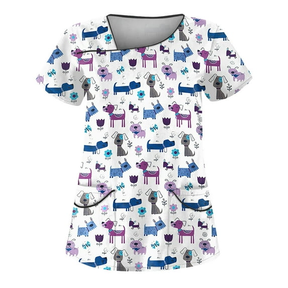 IYYVV Scrubs for Women Tops Stretch Comfort Working Nurse Uniforms V Neck Valentine's Day Heart Print Short Sleeve Nurse Shirt Tops Workwear with Pockets Light Gray L