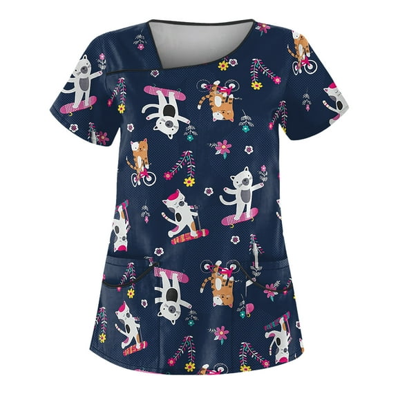 IYYVV Scrubs for Women Tops Stretch Comfort Working Nurse Uniforms V Neck Valentine's Day Heart Print Short Sleeve Nurse Shirt Tops Workwear with Pockets Navy XL