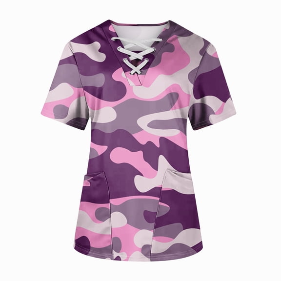 IYYVV Scrubs for Women Tops Summer Casual Nurse Working Uniform Cross V Neck Graphic Camo Print Short Sleeve Blouse T-Shirts Workwear with Pockets Purple 3XL