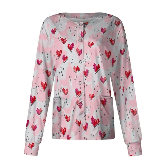 IYYVV Scrubs for Women Scrub Jacket Snap Front Casual Long Sleeve Scrubs Cardigan Top Stretch Medical Uniforms Nurse Workwear with Pockets Pink L