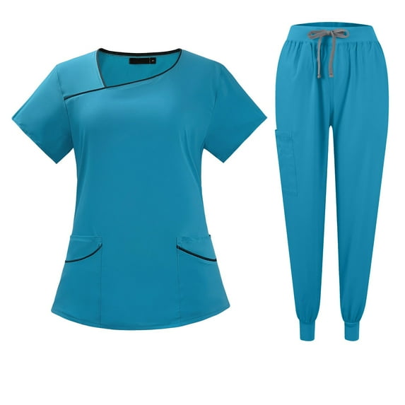 IYYVV Scrubs for Women Scrub Set - Slim Fit Jogger Pant and Tuck-In V-Neck Nurse Top Easy Care Working Uniform with Pockets Blue L