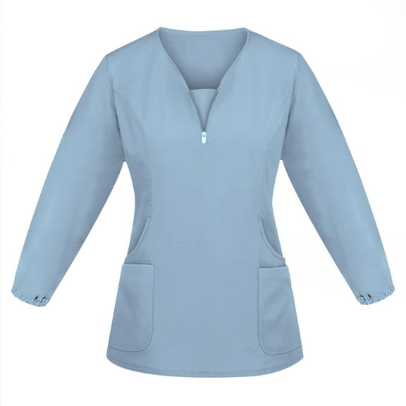 IYYVV Scrubs for Women Scrub Tops Casual Zipper V-Neck Long Sleeve Scrub Top Stretchy Nursing Pocketed Nurse Working Uniforms Light Blue 2XL