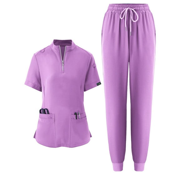 IYYVV Scrubs for Women Set Nurse Medical Uniform Solid Stretchy Scrubs Suit Zipper Mock Neck Pocket Top Shirts Jogger Pants Workwear Light Purple S