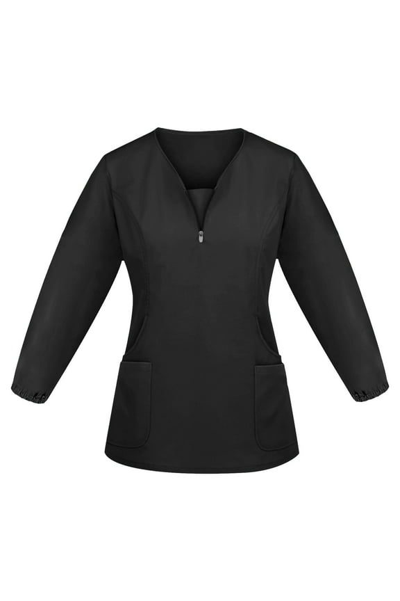 Scrubs for Women Stretchy Nurse Scrub Top Zipper V-Neck Casual Long Sleeve Nursing Tops Pocketed Working Uniform Black L
