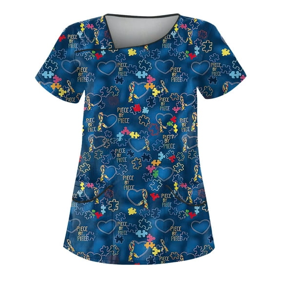 IYYVV Scrubs for Women Tops Plus Size Stretchy Nurse Working Uniform V Neck Valentine's Day Heart Print Medical Workwear with Pockets Blue 4XL