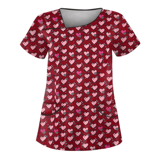 IYYVV Scrubs for Women Tops Plus Size Stretchy Nurse Working Uniform V Neck Valentine's Day Heart Print Medical Workwear with Pockets Red L