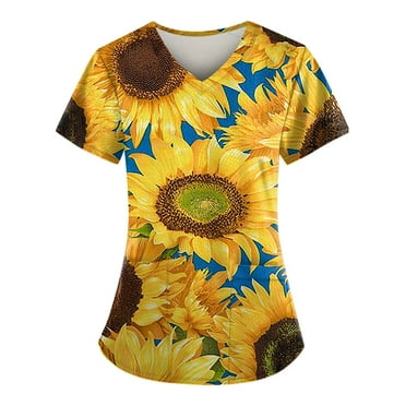 IYYVV Scrubs for Women Women's Comfortable Lightweight Durable Soft Stretch Flower Printed V-Neck Medical Scrub Top w/Pockets Earthy Yellow 4XL