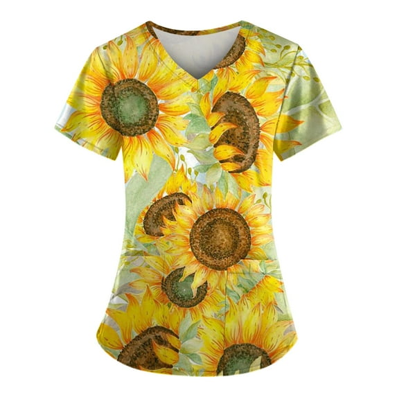 IYYVV Scrubs for Women Women's Comfortable Lightweight Durable Soft Stretch Flower Printed V-Neck Medical Scrub Top with Pockets Light Green 3XL